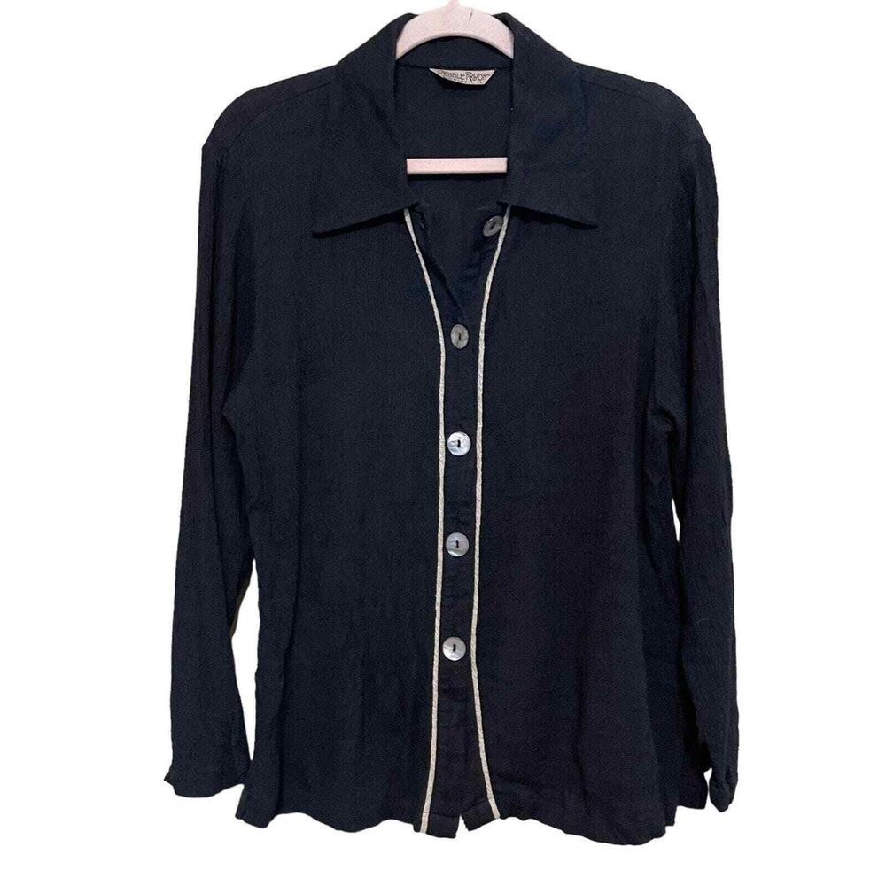 VTG Pebble Rayon Top Womens Large Black Tan Button Up Gauzy Textured Lagenlook